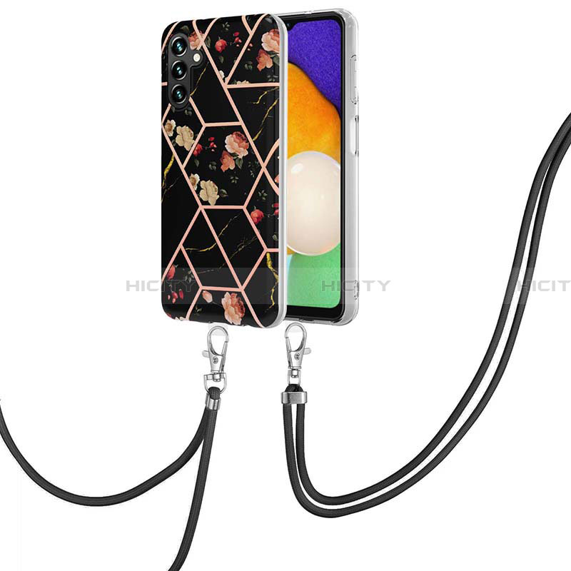 Funda Silicona Gel Goma Patron de Moda Carcasa con Acollador Cordon Lanyard Y02B para Samsung Galaxy A13 5G Negro