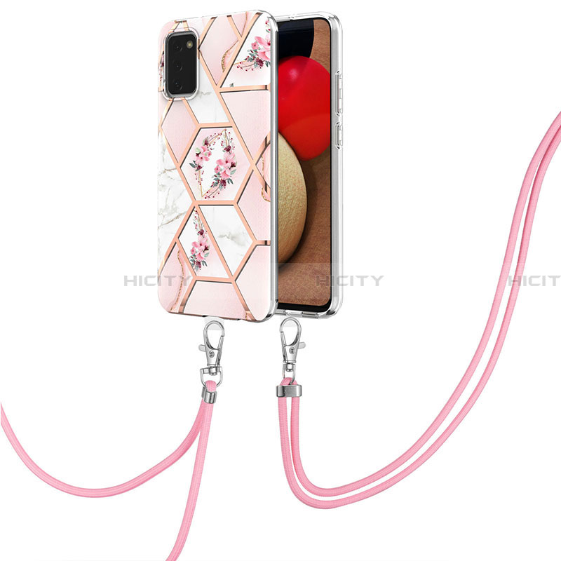 Funda Silicona Gel Goma Patron de Moda Carcasa con Acollador Cordon Lanyard Y02B para Samsung Galaxy F02S SM-E025F