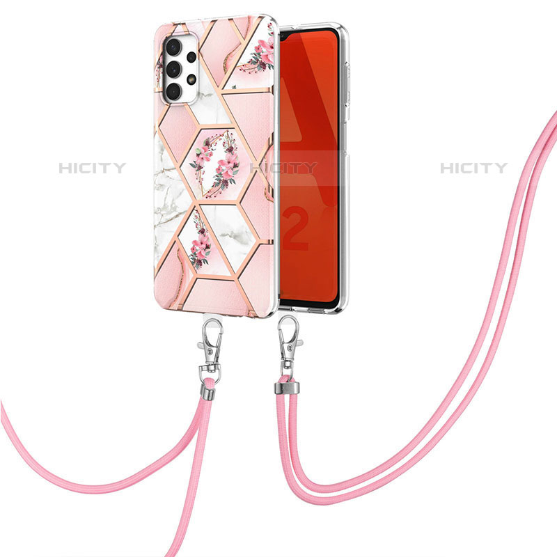 Funda Silicona Gel Goma Patron de Moda Carcasa con Acollador Cordon Lanyard Y02B para Samsung Galaxy M32 5G Rosa