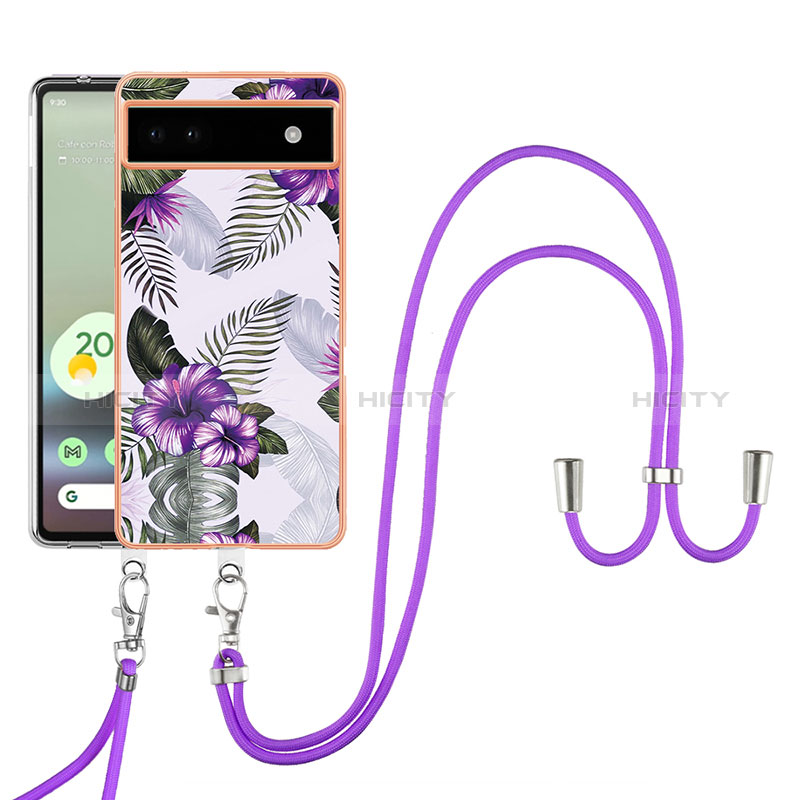 Funda Silicona Gel Goma Patron de Moda Carcasa con Acollador Cordon Lanyard Y03B para Google Pixel 6a 5G Morado