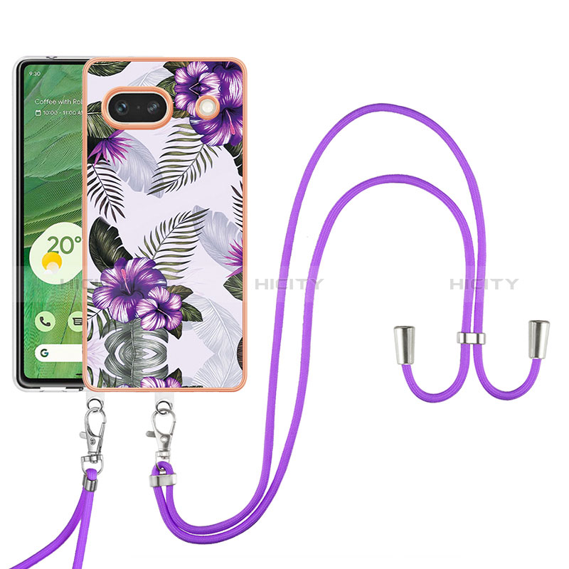 Funda Silicona Gel Goma Patron de Moda Carcasa con Acollador Cordon Lanyard Y03B para Google Pixel 7a 5G Morado