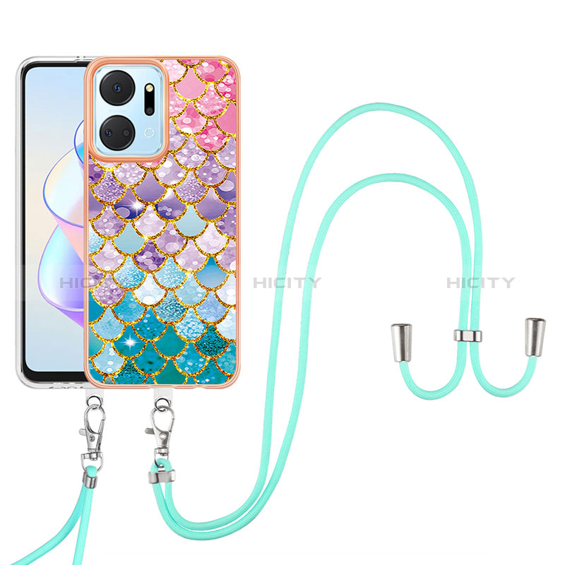 Funda Silicona Gel Goma Patron de Moda Carcasa con Acollador Cordon Lanyard Y03B para Huawei Honor X7a