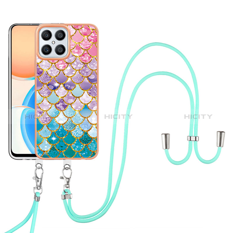 Funda Silicona Gel Goma Patron de Moda Carcasa con Acollador Cordon Lanyard Y03B para Huawei Honor X8 4G