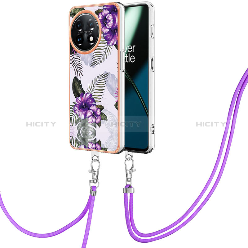 Funda Silicona Gel Goma Patron de Moda Carcasa con Acollador Cordon Lanyard Y03B para OnePlus 11 5G Morado