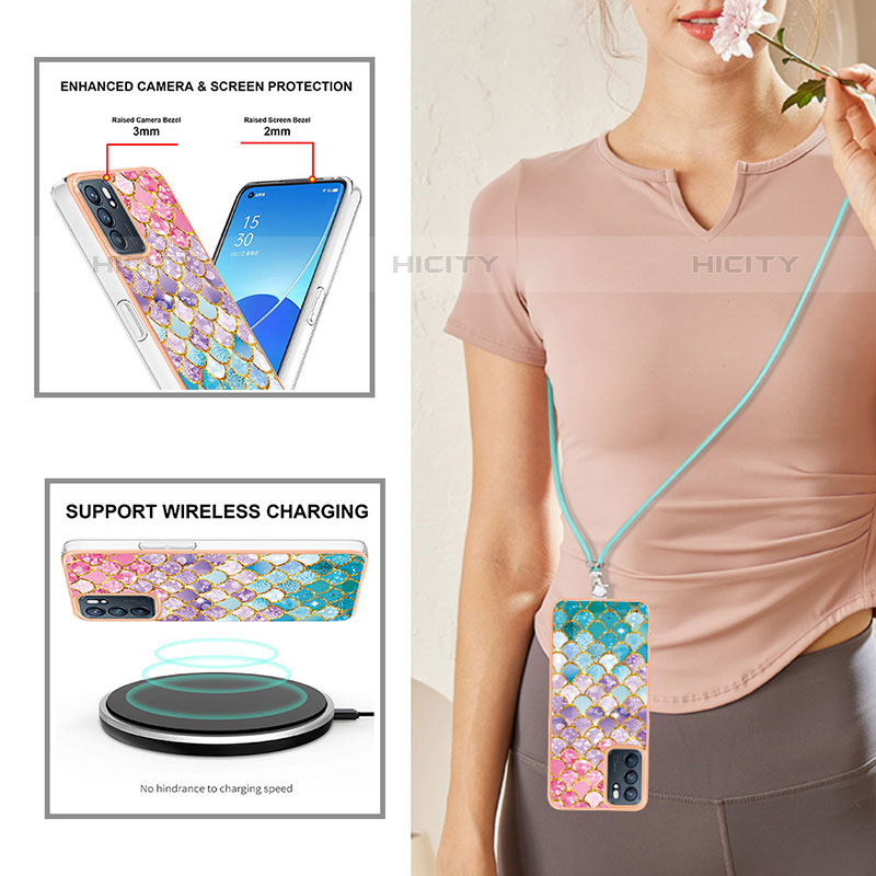 Funda Silicona Gel Goma Patron de Moda Carcasa con Acollador Cordon Lanyard Y03B para Oppo Reno6 5G