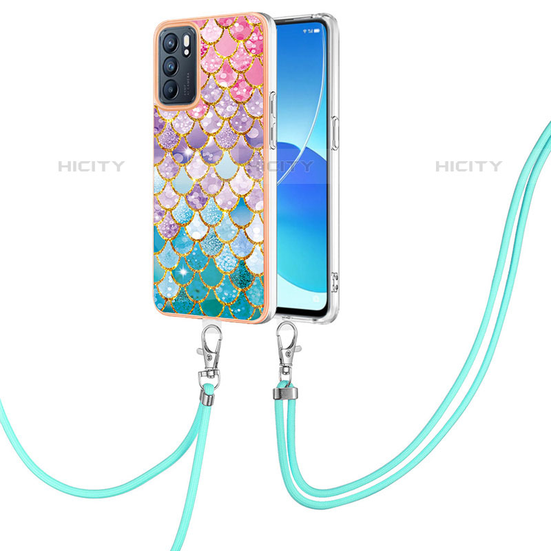 Funda Silicona Gel Goma Patron de Moda Carcasa con Acollador Cordon Lanyard Y03B para Oppo Reno6 5G