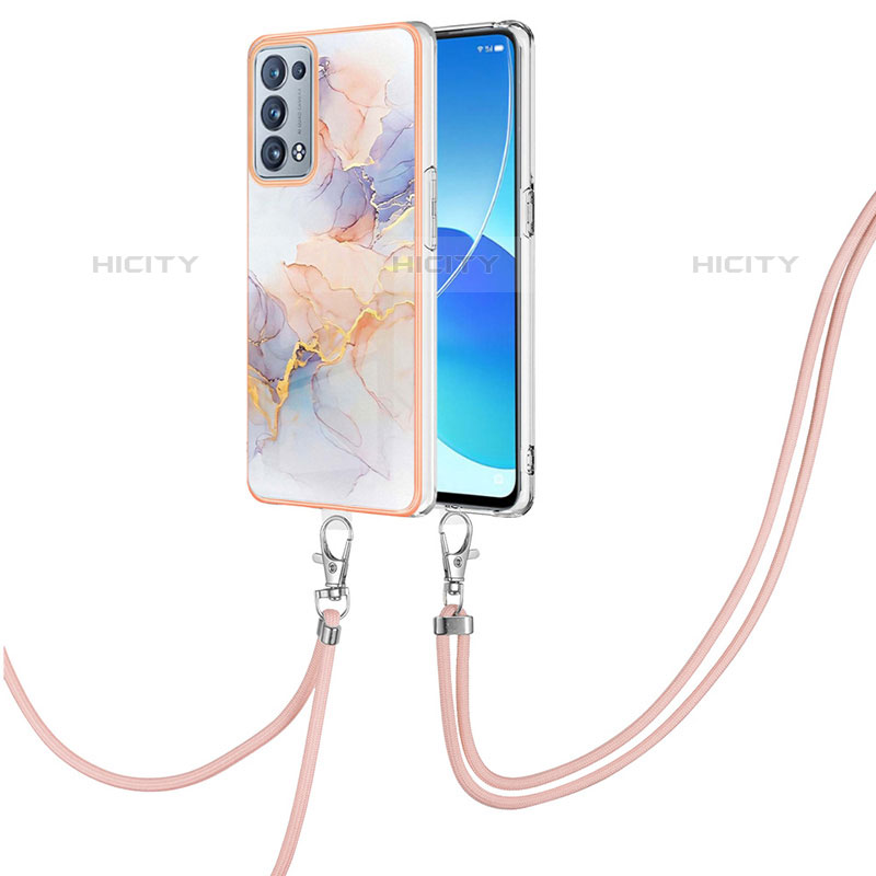 Funda Silicona Gel Goma Patron de Moda Carcasa con Acollador Cordon Lanyard Y03B para Oppo Reno6 Pro 5G Purpura Claro