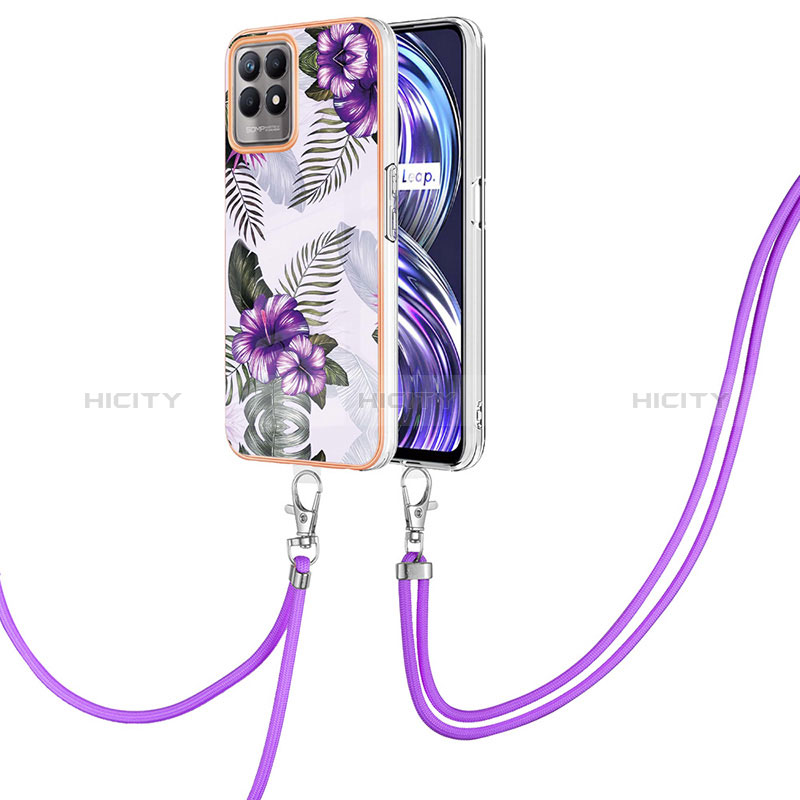 Funda Silicona Gel Goma Patron de Moda Carcasa con Acollador Cordon Lanyard Y03B para Realme 8i Morado