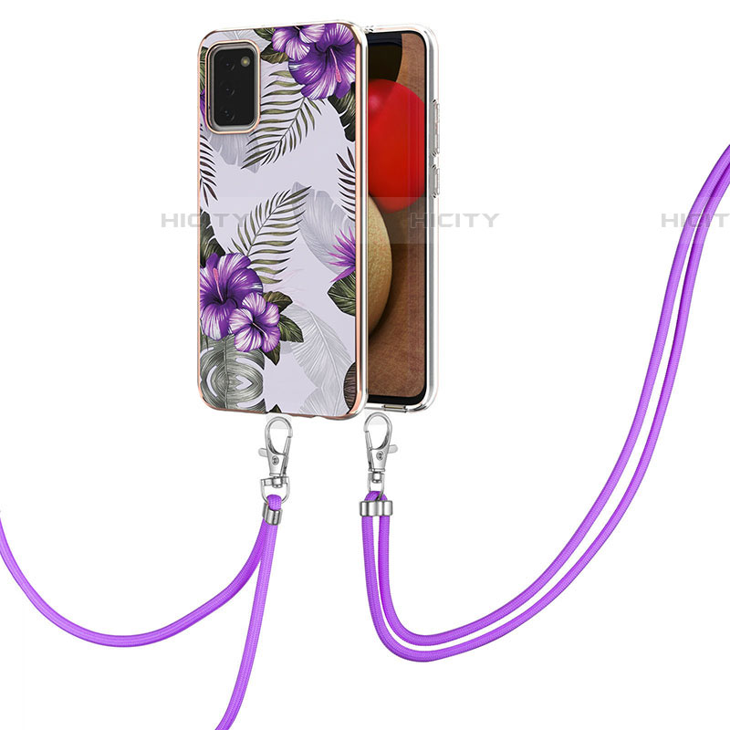 Funda Silicona Gel Goma Patron de Moda Carcasa con Acollador Cordon Lanyard Y03B para Samsung Galaxy A03s Morado