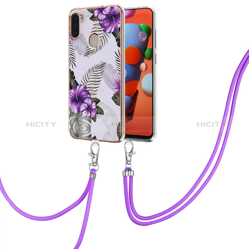 Funda Silicona Gel Goma Patron de Moda Carcasa con Acollador Cordon Lanyard Y03B para Samsung Galaxy A11 Morado