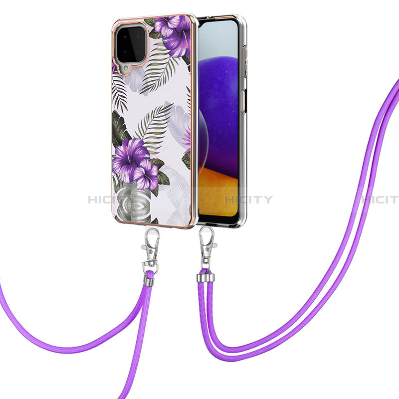 Funda Silicona Gel Goma Patron de Moda Carcasa con Acollador Cordon Lanyard Y03B para Samsung Galaxy A22 4G Morado