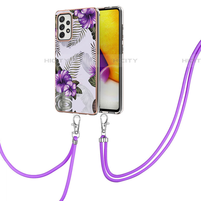 Funda Silicona Gel Goma Patron de Moda Carcasa con Acollador Cordon Lanyard Y03B para Samsung Galaxy A72 4G Morado