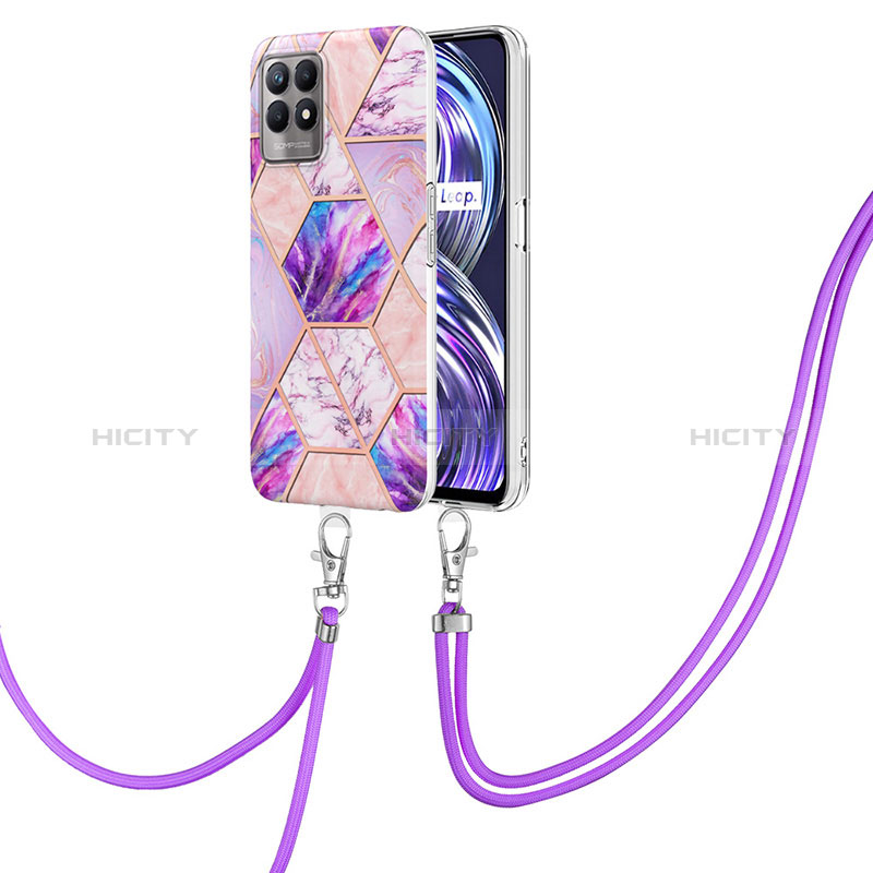 Funda Silicona Gel Goma Patron de Moda Carcasa con Acollador Cordon Lanyard Y04B para Realme 8i Purpura Claro