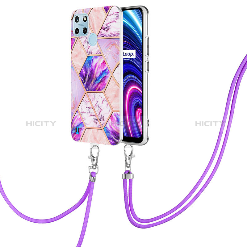 Funda Silicona Gel Goma Patron de Moda Carcasa con Acollador Cordon Lanyard Y04B para Realme C21Y Purpura Claro