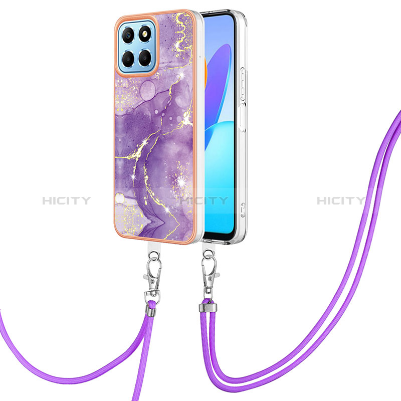 Funda Silicona Gel Goma Patron de Moda Carcasa con Acollador Cordon Lanyard Y05B para Huawei Honor X6 5G Morado