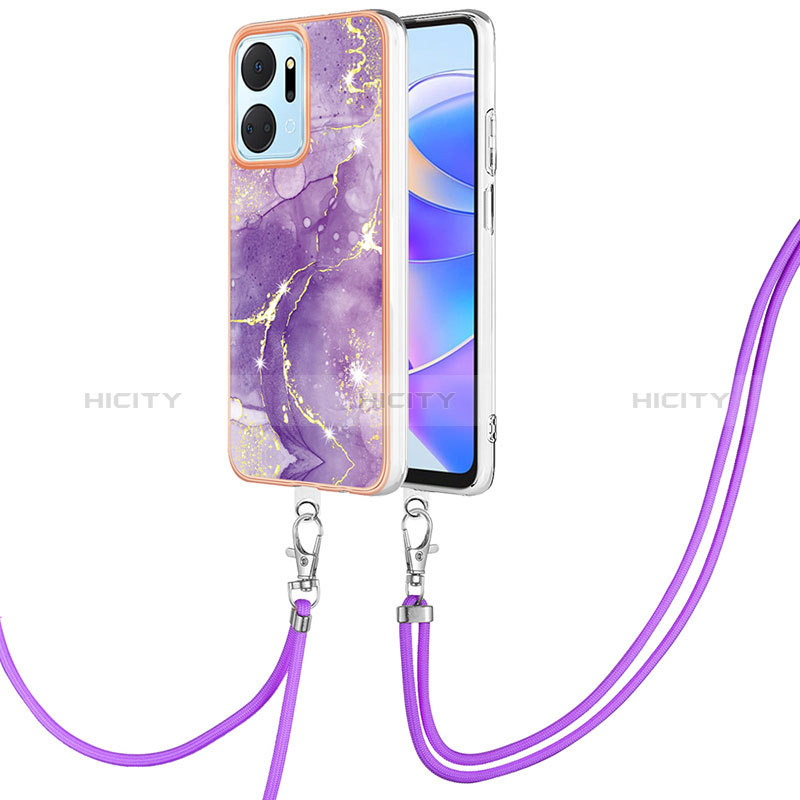 Funda Silicona Gel Goma Patron de Moda Carcasa con Acollador Cordon Lanyard Y05B para Huawei Honor X7a Morado