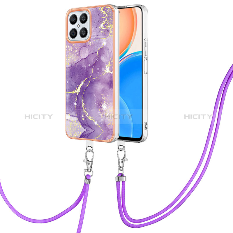 Funda Silicona Gel Goma Patron de Moda Carcasa con Acollador Cordon Lanyard Y05B para Huawei Honor X8 4G Morado