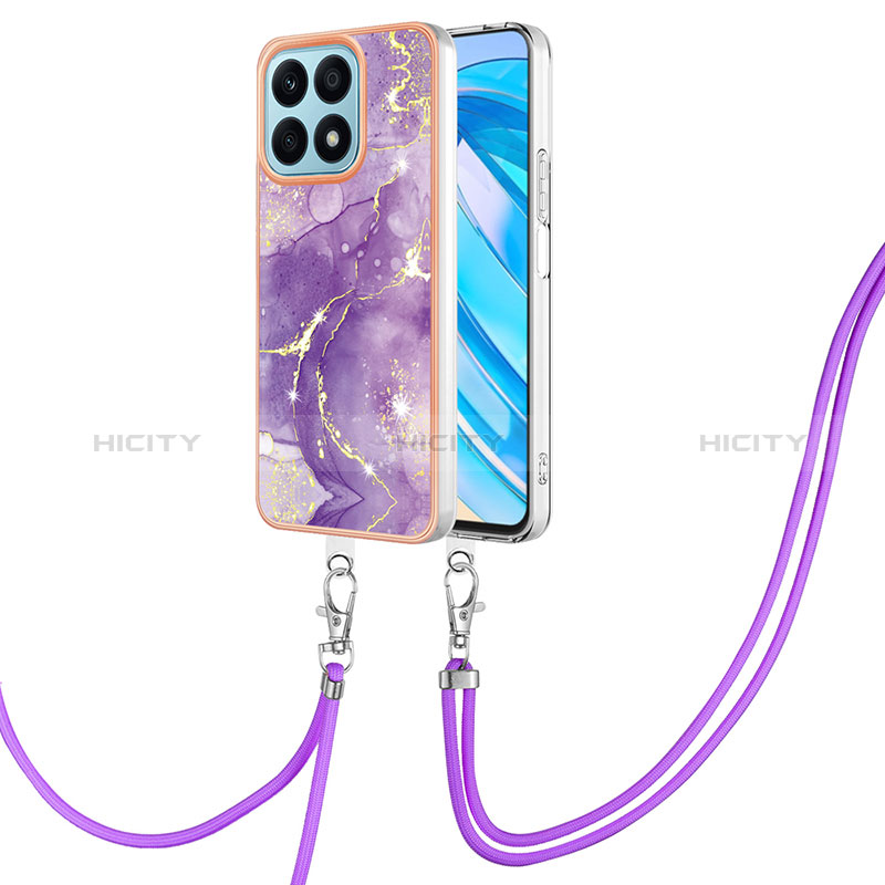 Funda Silicona Gel Goma Patron de Moda Carcasa con Acollador Cordon Lanyard Y05B para Huawei Honor X8a 4G Morado