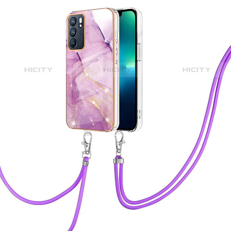 Funda Silicona Gel Goma Patron de Moda Carcasa con Acollador Cordon Lanyard Y05B para Oppo Reno6 5G Purpura Claro