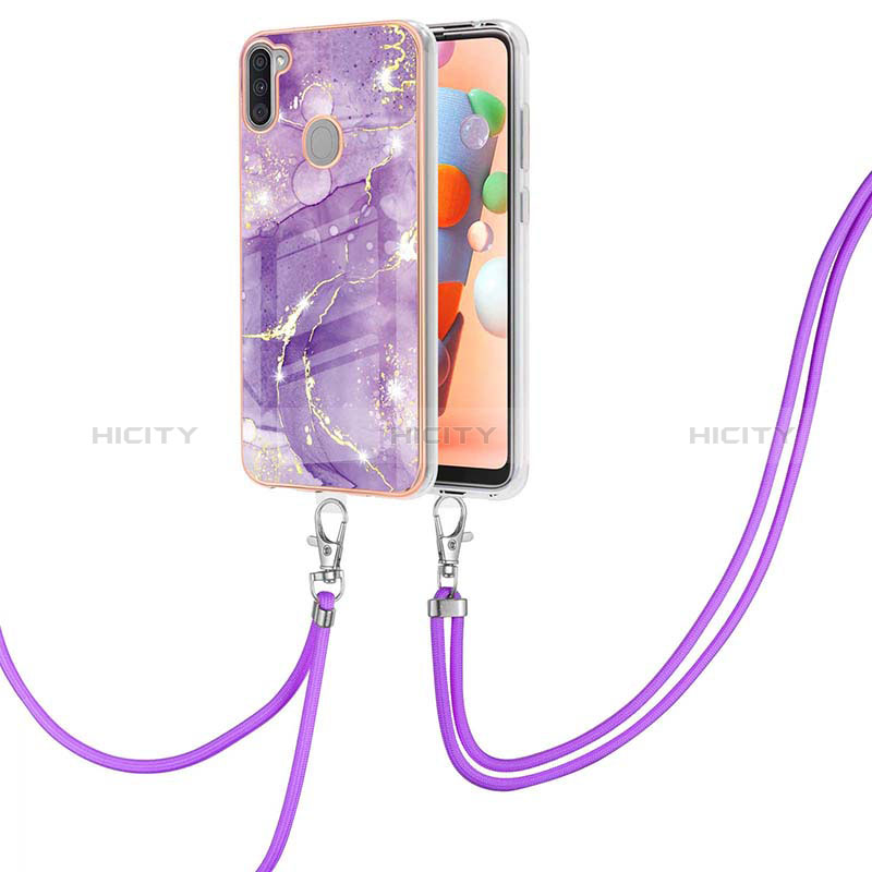 Funda Silicona Gel Goma Patron de Moda Carcasa con Acollador Cordon Lanyard Y05B para Samsung Galaxy A11 Morado