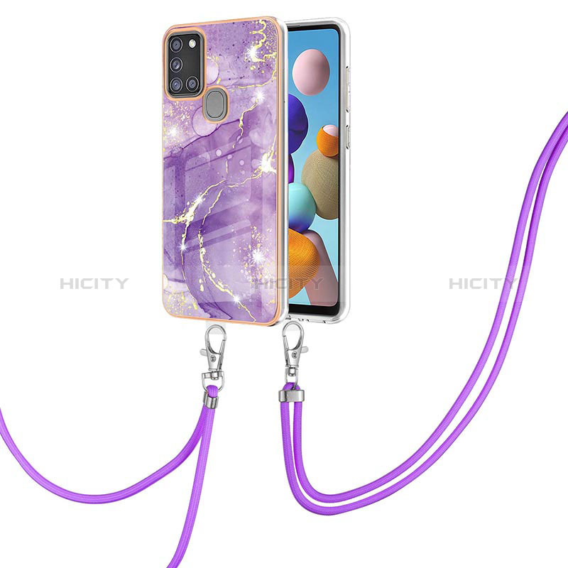 Funda Silicona Gel Goma Patron de Moda Carcasa con Acollador Cordon Lanyard Y05B para Samsung Galaxy A21s Morado