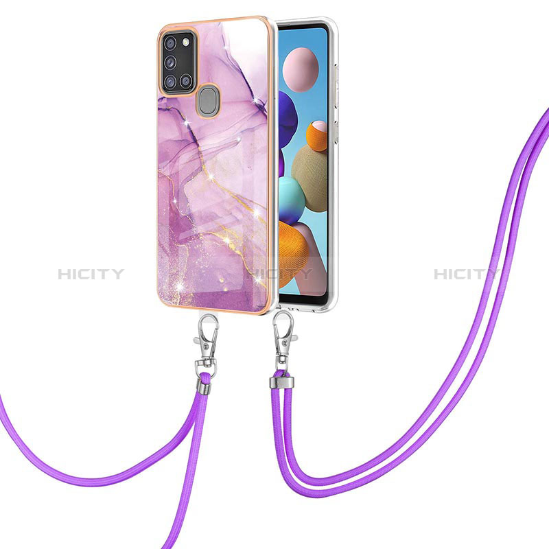 Funda Silicona Gel Goma Patron de Moda Carcasa con Acollador Cordon Lanyard Y05B para Samsung Galaxy A21s Purpura Claro