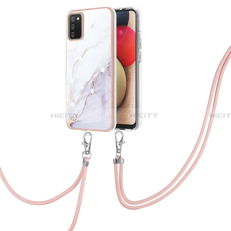 Funda Silicona Gel Goma Patron de Moda Carcasa con Acollador Cordon Lanyard Y05B para Samsung Galaxy F02S SM-E025F Blanco