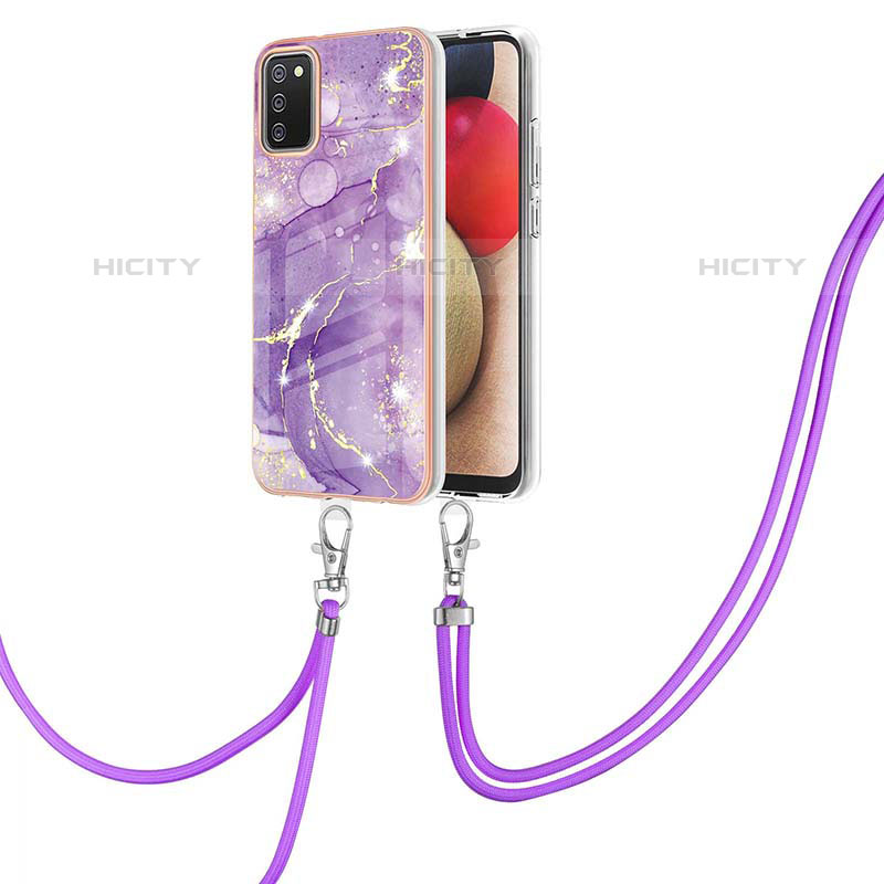 Funda Silicona Gel Goma Patron de Moda Carcasa con Acollador Cordon Lanyard Y05B para Samsung Galaxy M02s Morado