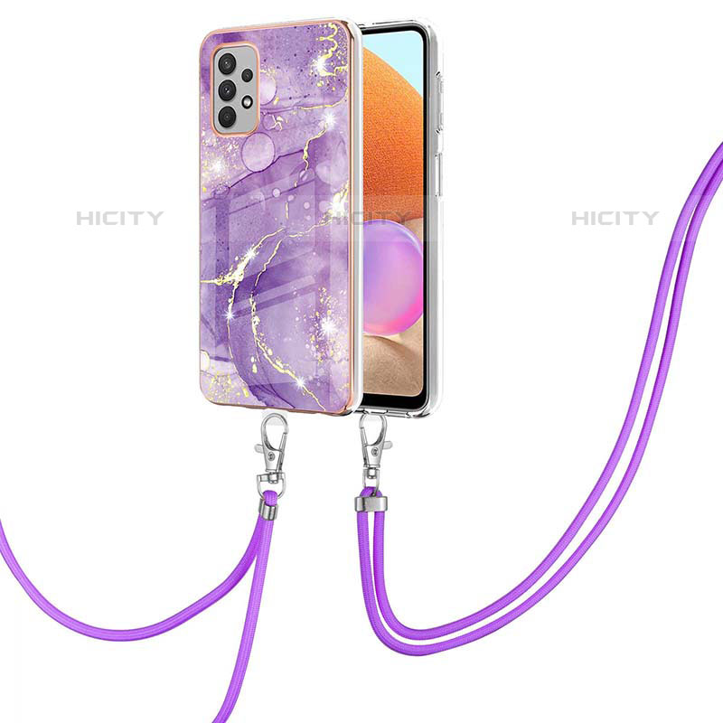 Funda Silicona Gel Goma Patron de Moda Carcasa con Acollador Cordon Lanyard Y05B para Samsung Galaxy M32 5G Morado