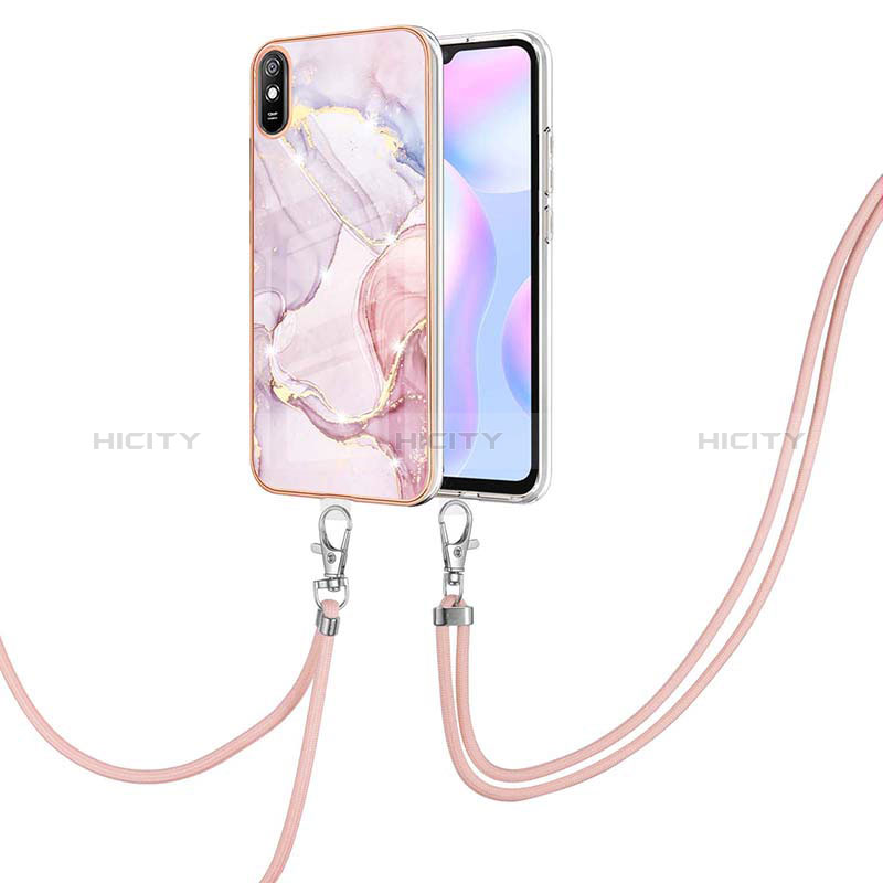 Funda Silicona Gel Goma Patron de Moda Carcasa con Acollador Cordon Lanyard Y05B para Xiaomi Redmi 9A Rosa