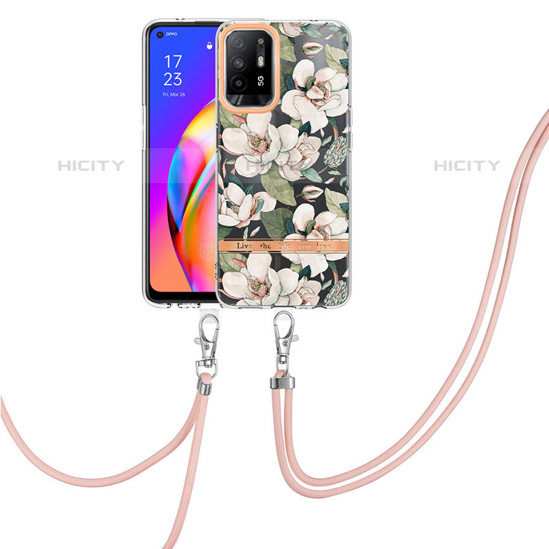 Funda Silicona Gel Goma Patron de Moda Carcasa con Acollador Cordon Lanyard Y06B para Oppo A94 5G Blanco