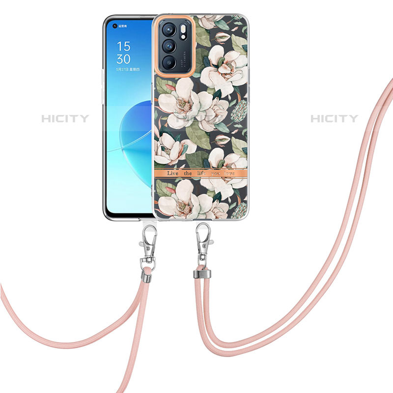 Funda Silicona Gel Goma Patron de Moda Carcasa con Acollador Cordon Lanyard Y06B para Oppo Reno6 5G Blanco