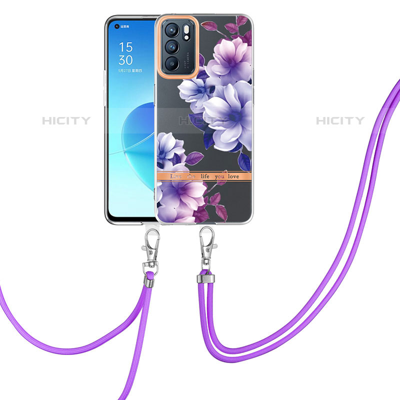 Funda Silicona Gel Goma Patron de Moda Carcasa con Acollador Cordon Lanyard Y06B para Oppo Reno6 5G Purpura Claro