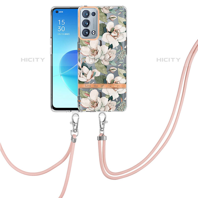 Funda Silicona Gel Goma Patron de Moda Carcasa con Acollador Cordon Lanyard Y06B para Oppo Reno6 Pro 5G Blanco