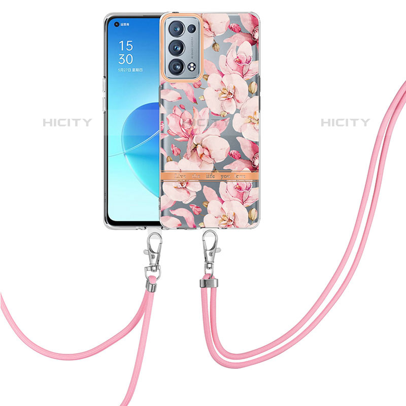 Funda Silicona Gel Goma Patron de Moda Carcasa con Acollador Cordon Lanyard Y06B para Oppo Reno6 Pro 5G Rosa