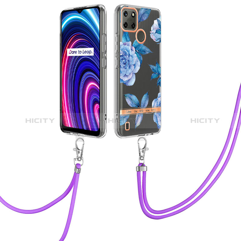 Funda Silicona Gel Goma Patron de Moda Carcasa con Acollador Cordon Lanyard Y06B para Realme C25Y Azul