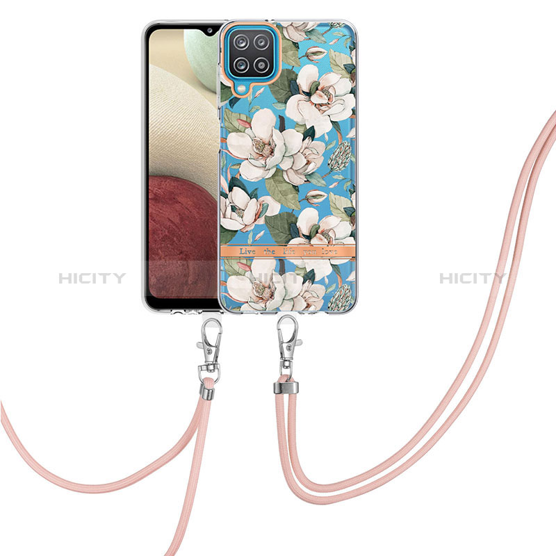 Funda Silicona Gel Goma Patron de Moda Carcasa con Acollador Cordon Lanyard Y06B para Samsung Galaxy A12 5G Blanco