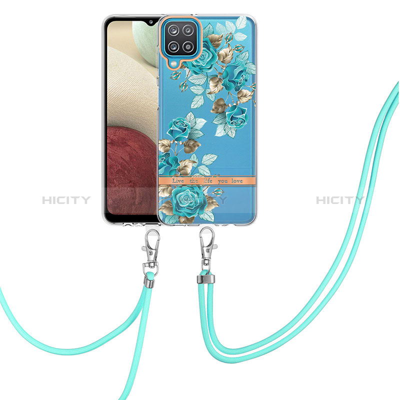 Funda Silicona Gel Goma Patron de Moda Carcasa con Acollador Cordon Lanyard Y06B para Samsung Galaxy A12 5G Cian