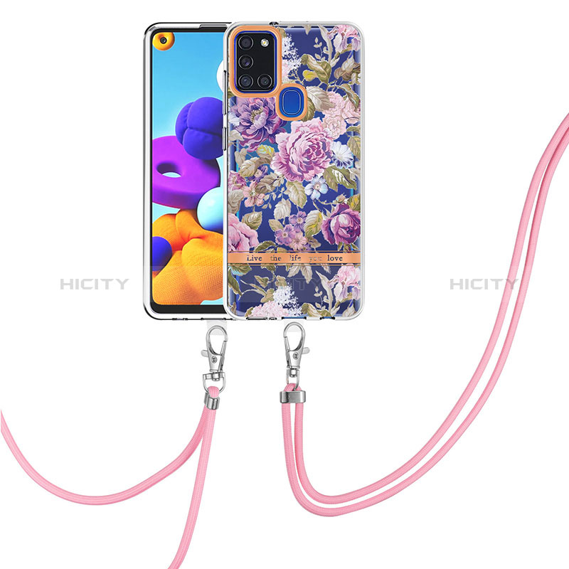 Funda Silicona Gel Goma Patron de Moda Carcasa con Acollador Cordon Lanyard Y06B para Samsung Galaxy A21s