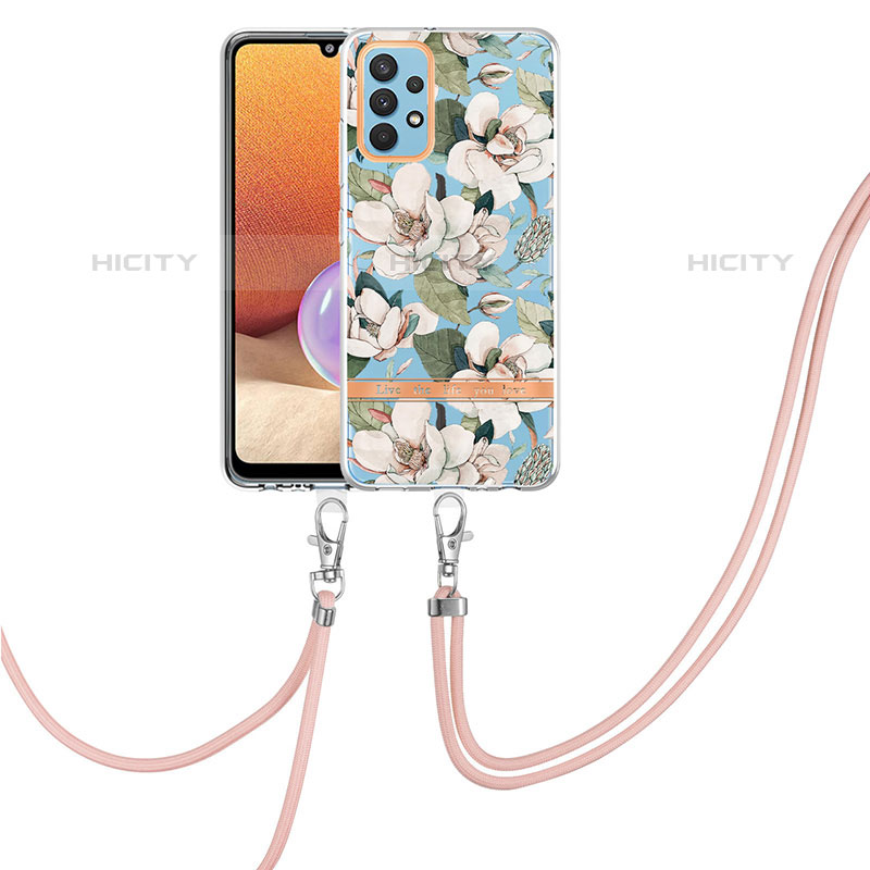 Funda Silicona Gel Goma Patron de Moda Carcasa con Acollador Cordon Lanyard Y06B para Samsung Galaxy M32 5G Blanco