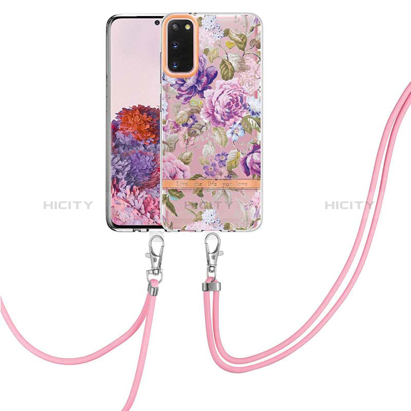 Funda Silicona Gel Goma Patron de Moda Carcasa con Acollador Cordon Lanyard Y06B para Samsung Galaxy S20 5G Purpura Claro