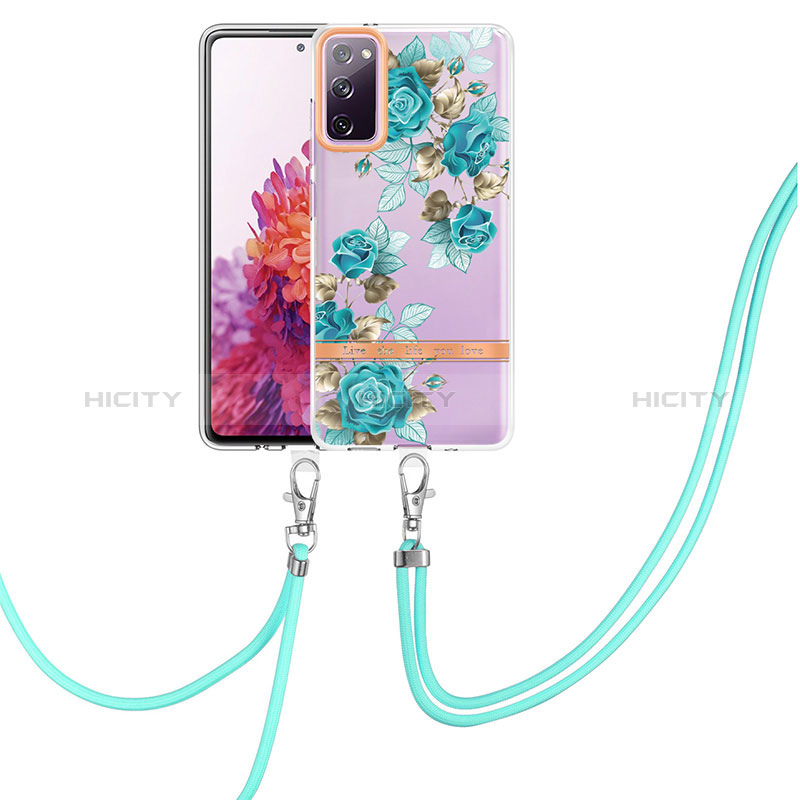 Funda Silicona Gel Goma Patron de Moda Carcasa con Acollador Cordon Lanyard Y06B para Samsung Galaxy S20 FE (2022) 5G Cian