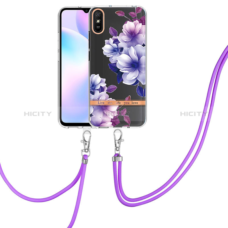 Funda Silicona Gel Goma Patron de Moda Carcasa con Acollador Cordon Lanyard Y06B para Xiaomi Redmi 9A Morado