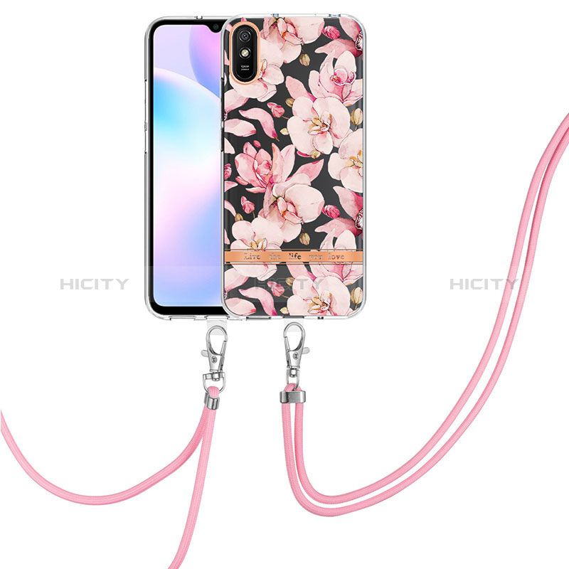 Funda Silicona Gel Goma Patron de Moda Carcasa con Acollador Cordon Lanyard Y06B para Xiaomi Redmi 9A Rosa