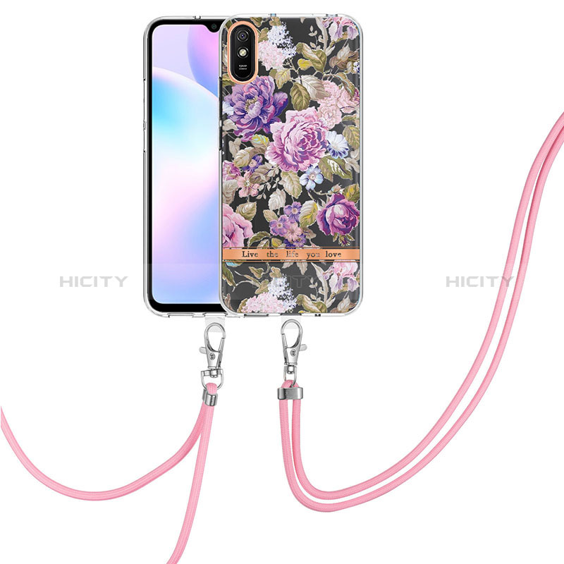 Funda Silicona Gel Goma Patron de Moda Carcasa con Acollador Cordon Lanyard Y06B para Xiaomi Redmi 9AT Purpura Claro