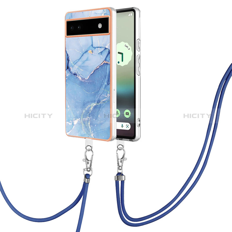 Funda Silicona Gel Goma Patron de Moda Carcasa con Acollador Cordon Lanyard Y07B para Google Pixel 6a 5G Azul