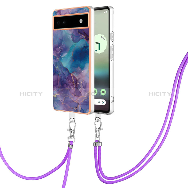 Funda Silicona Gel Goma Patron de Moda Carcasa con Acollador Cordon Lanyard Y07B para Google Pixel 6a 5G Morado