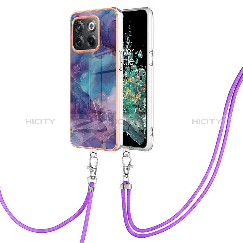 Funda Silicona Gel Goma Patron de Moda Carcasa con Acollador Cordon Lanyard Y07B para OnePlus 10T 5G Morado