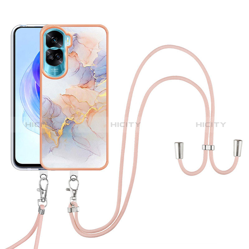 Funda Silicona Gel Goma Patron de Moda Carcasa con Acollador Cordon Lanyard YB3 para Huawei Honor 90 Lite 5G Purpura Claro