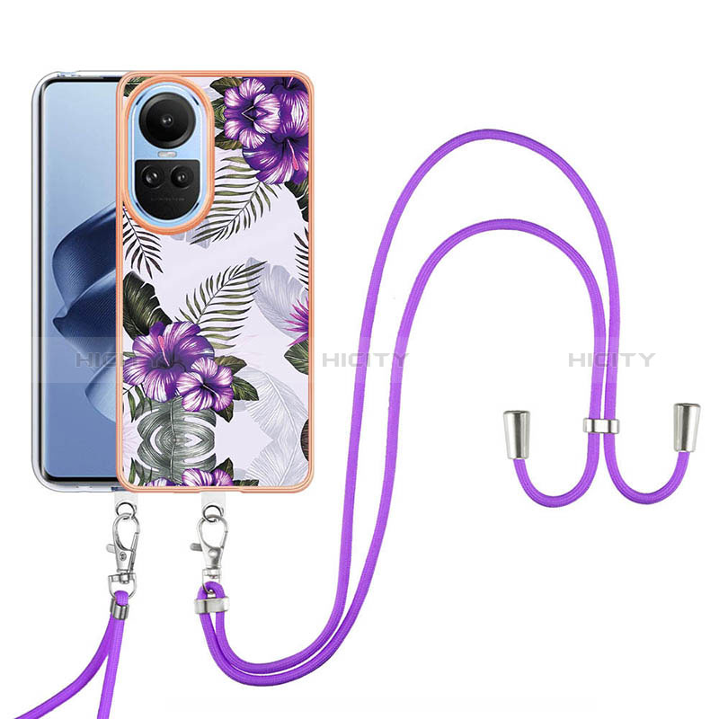 Funda Silicona Gel Goma Patron de Moda Carcasa con Acollador Cordon Lanyard YB3 para Oppo Reno10 5G Morado